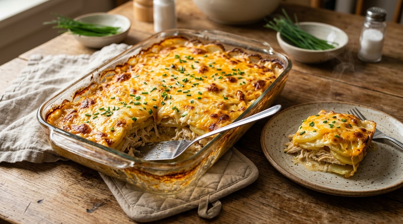 Cheesy baked casserole with a square served on a plate