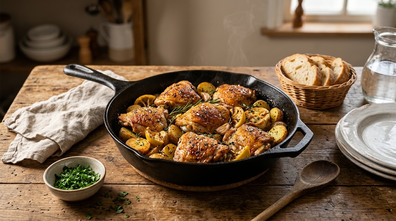 Chicken and potatoes roasted in a cast-iron skillet with rosemary and garlic