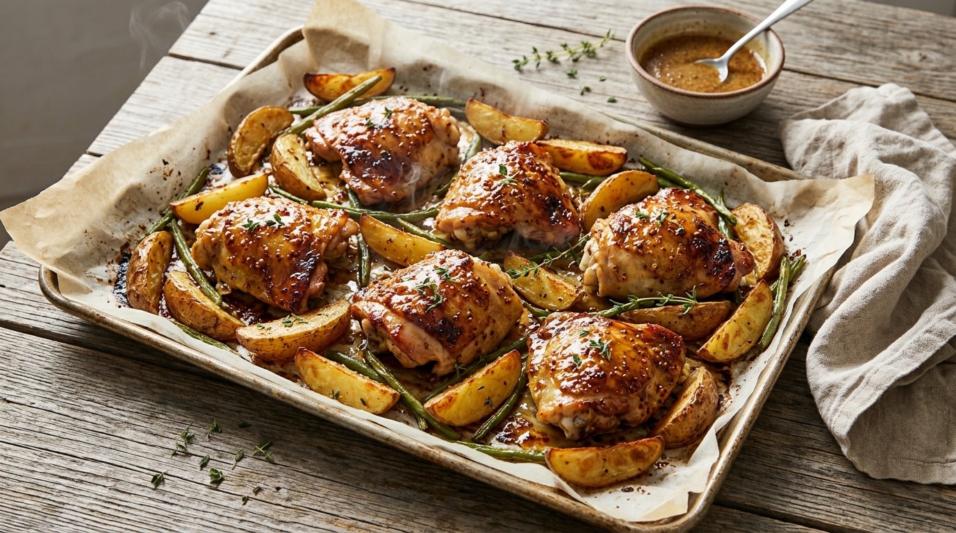 Honey mustard glazed thighs on a sheet pan