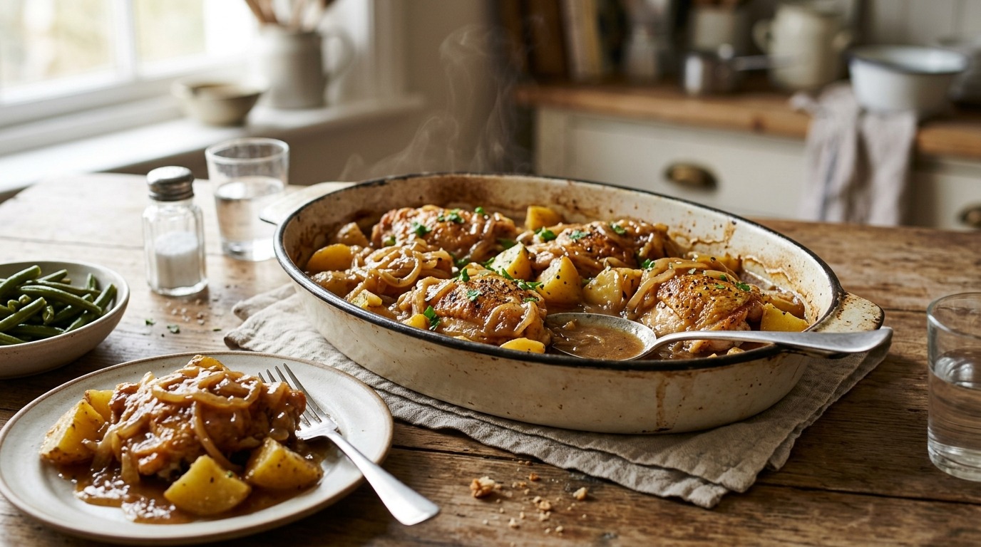 Smothered chicken and potatoes in onion gravy in an oval baking dish