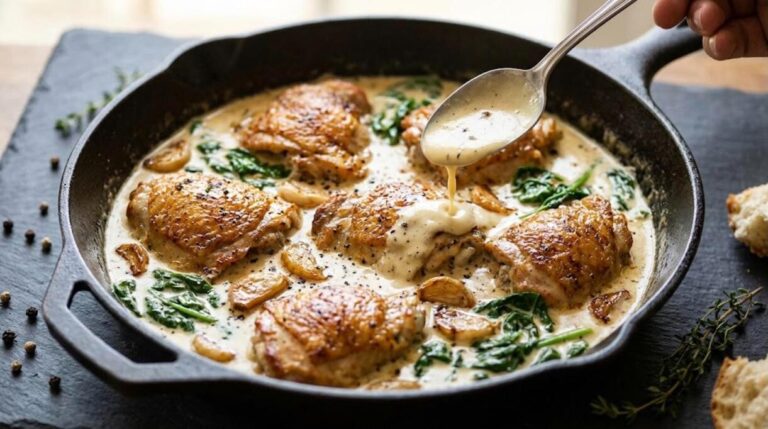 Creamy garlic chicken thighs in a cast iron skillet with roasted garlic and spinach