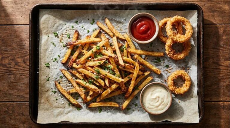 Crispy oven fried favorites on a sheet pan: golden oven fries, baked onion rings, ketchup and garlic aioli