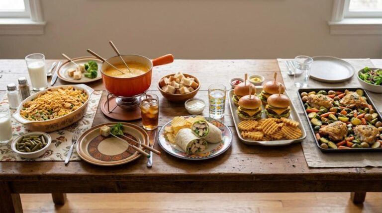 Classic American family dinners from different decades on one long table