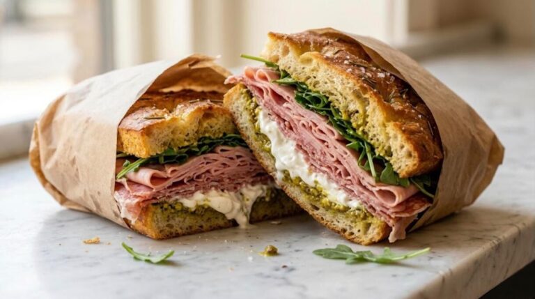 Famous sandwiches like this Italian focaccia sandwich with cured meats, stracciatella, pistachio cream and arugula