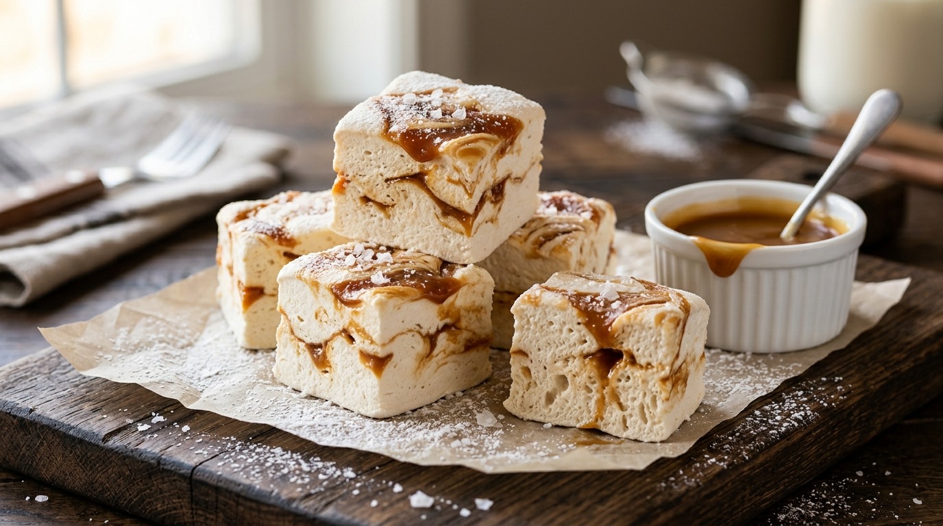 Fluffy squares marbled with salted caramel on parchment