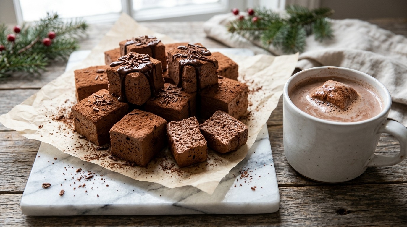 Cocoa dusted chocolate squares drizzled with dark chocolate
