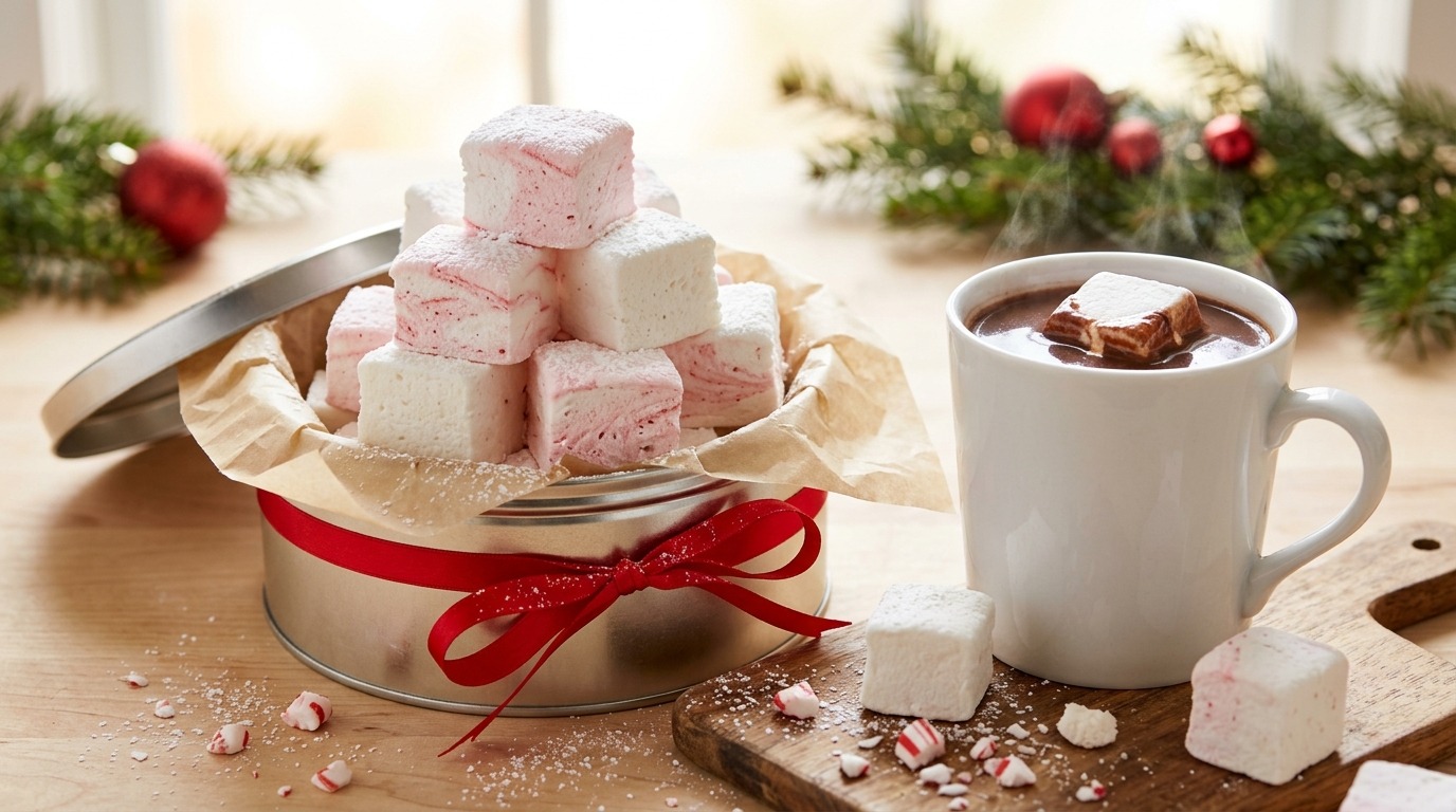 Homemade marshmallows with pink peppermint swirls in a ribboned gift tin next to hot cocoa