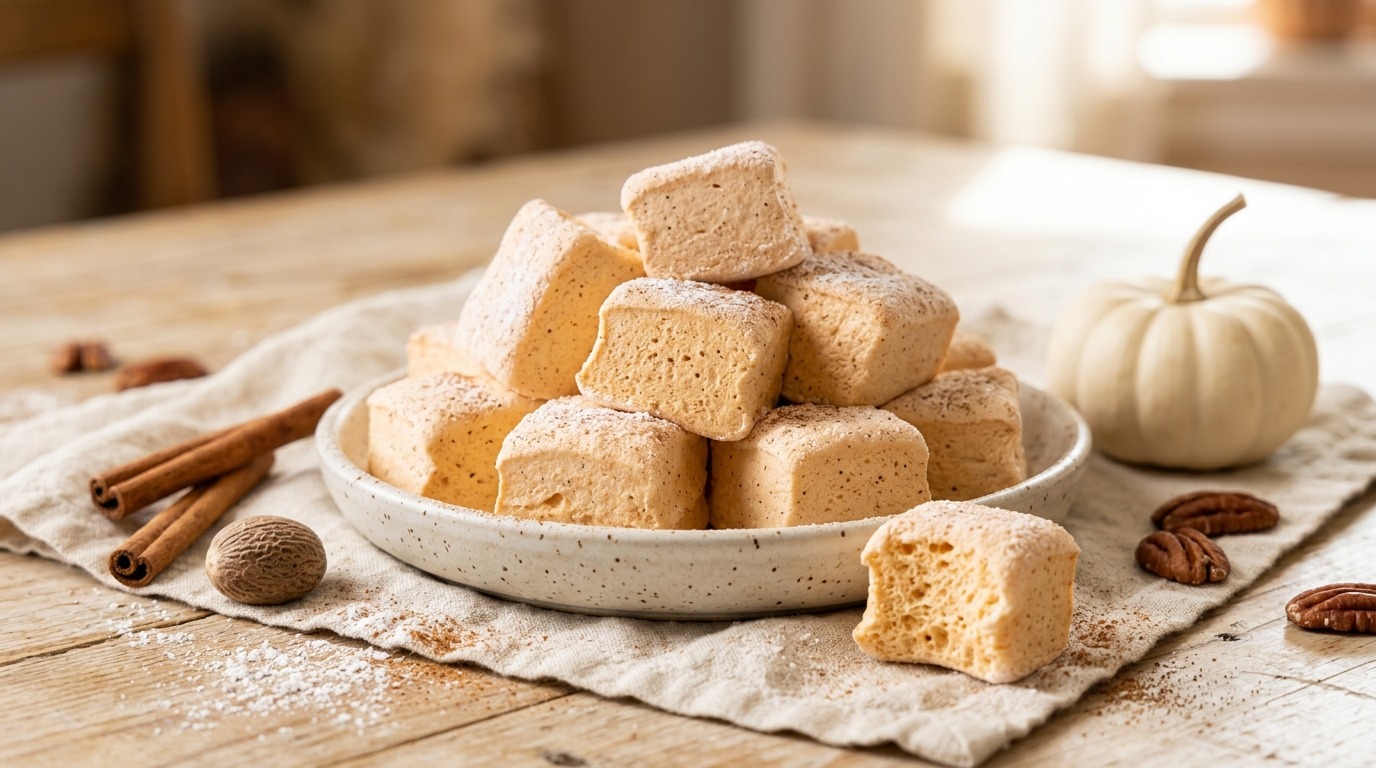 Pale orange spiced squares in a speckled dish with a mini pumpkin