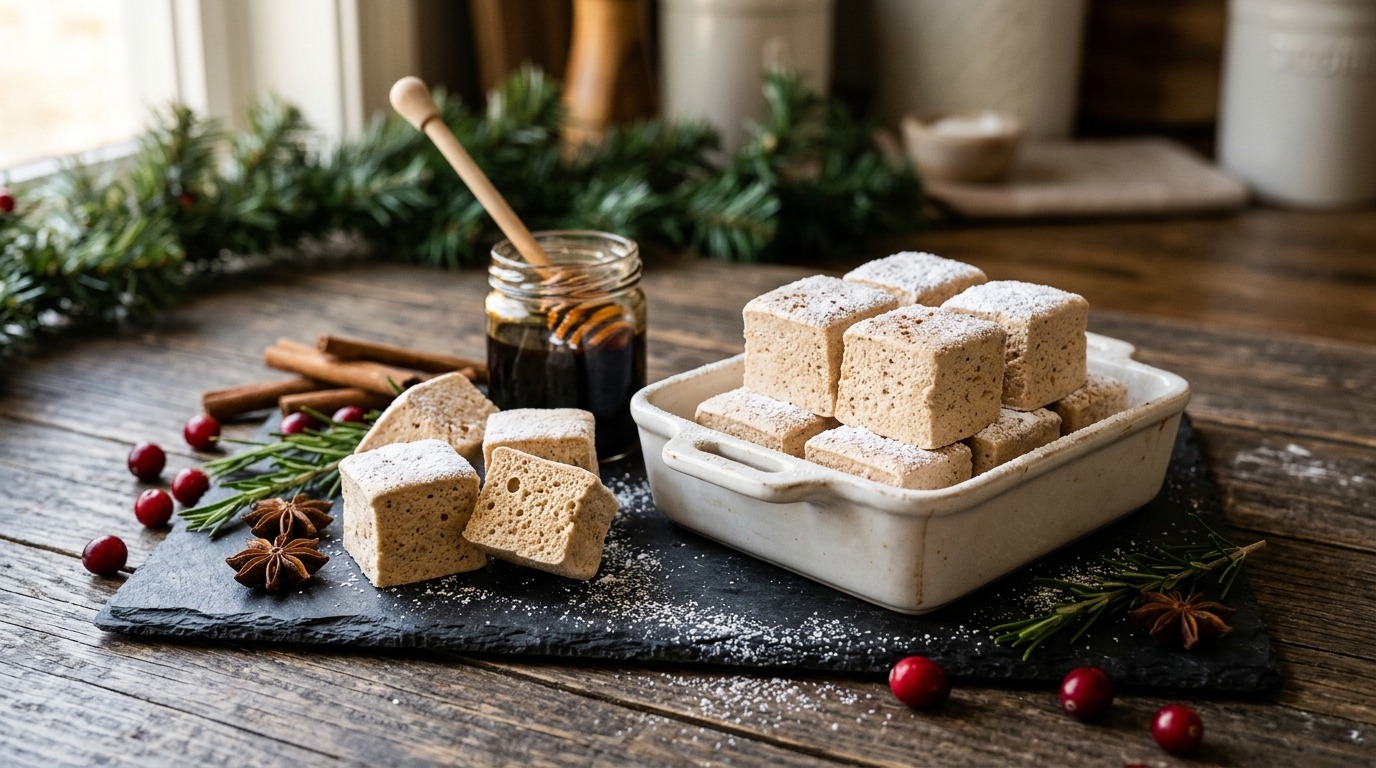 Light brown molasses spice squares with star anise and molasses jar