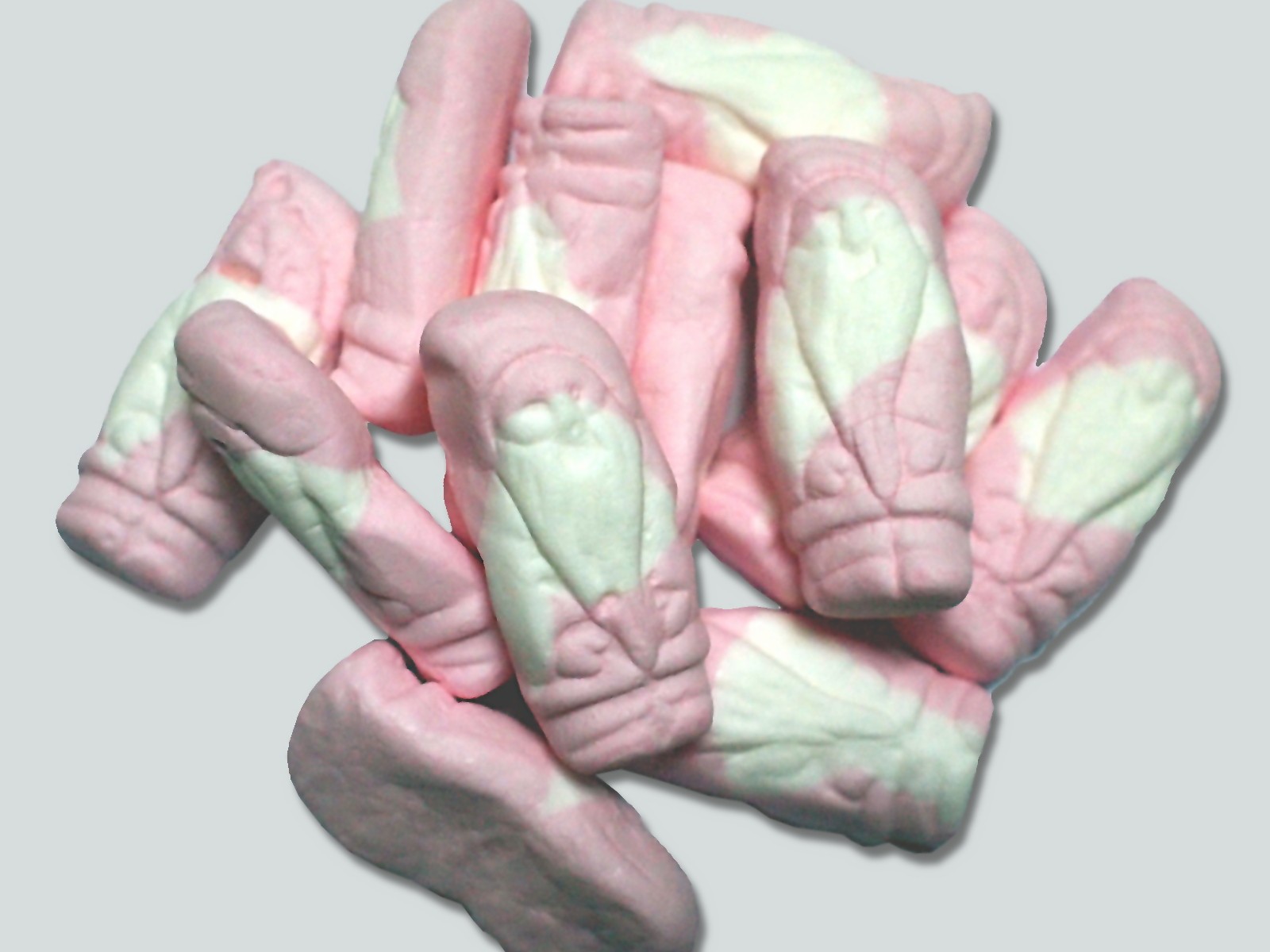 Pink and green molded marshmallow shapes
