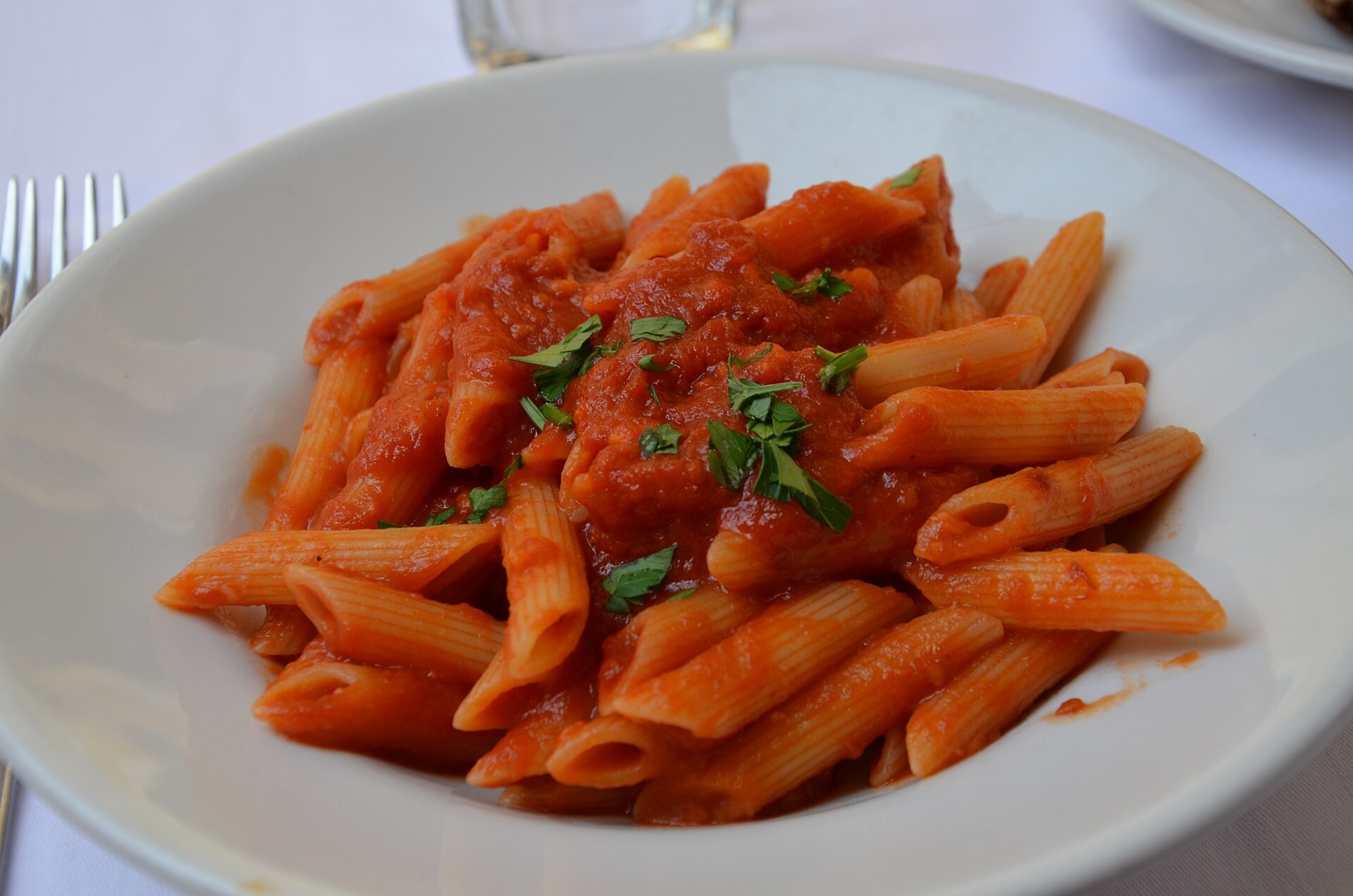 Penne arrabbiata with spicy tomato sauce and parsley