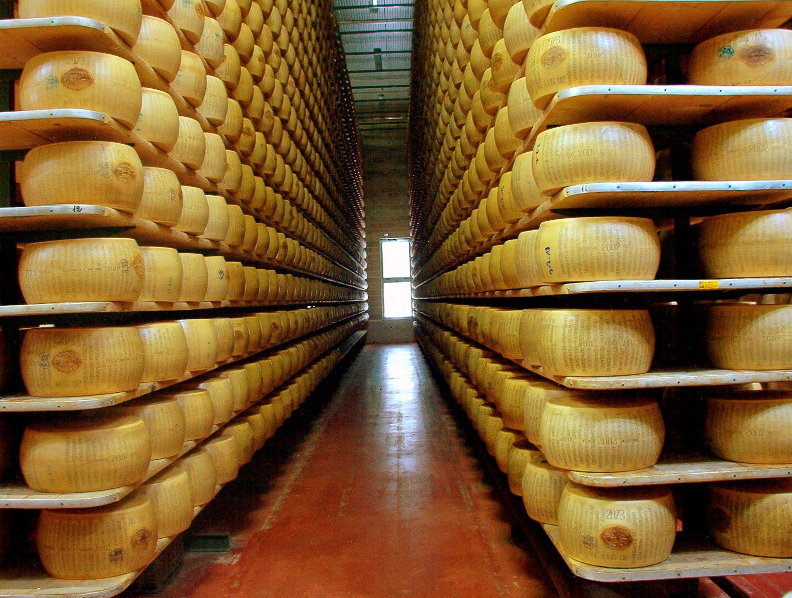Wheels of parmesan cheese aging on shelves