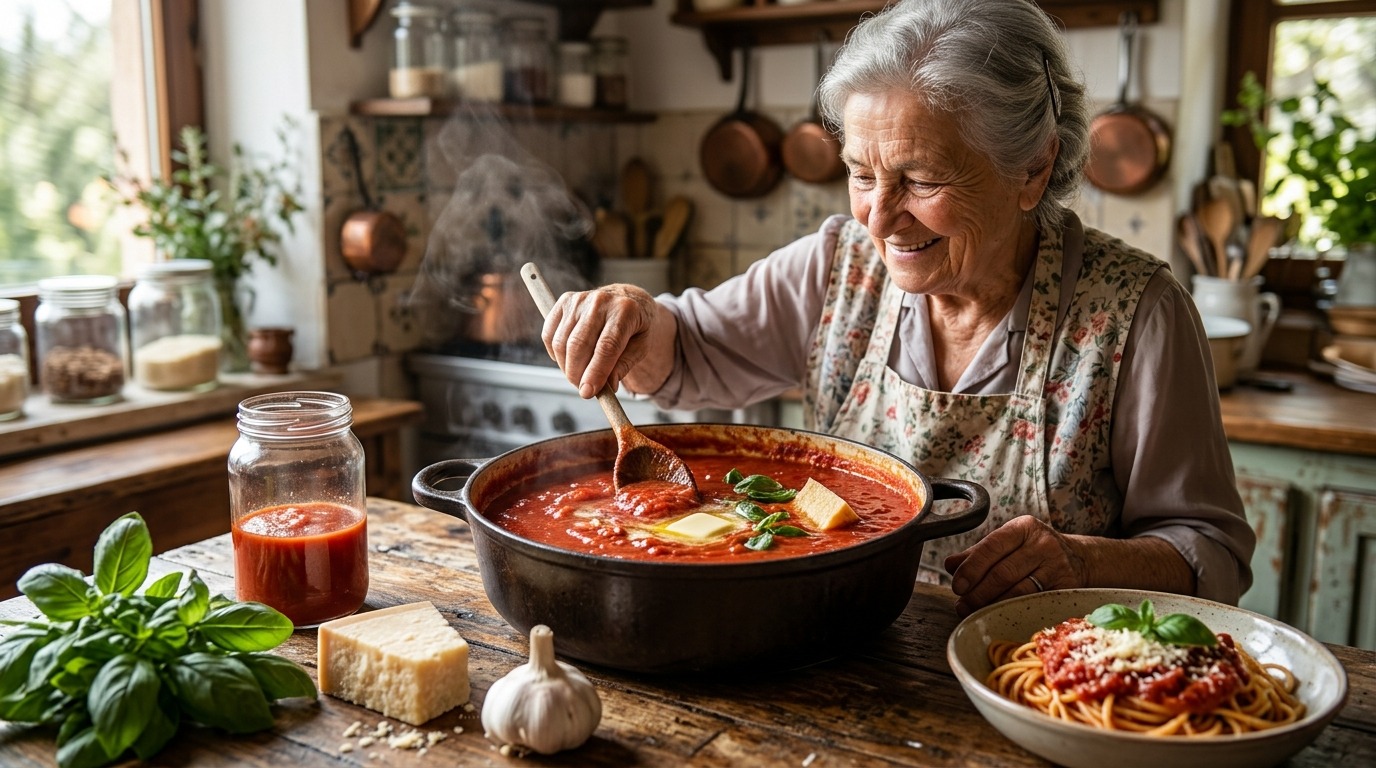 Grandmother stirring butter into tomato sauce, one of the best jarred pasta sauce upgrades
