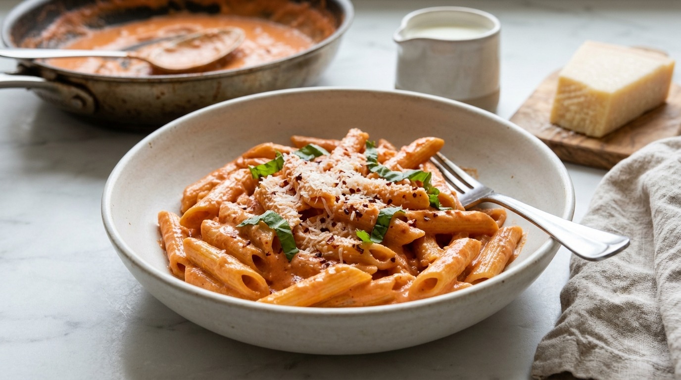 Penne in creamy vodka-style sauce made with jarred pasta sauce upgrades