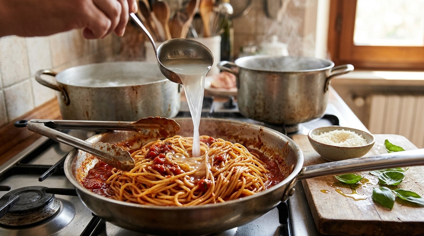 Ladle of pasta water pouring into spaghetti with tomato sauce