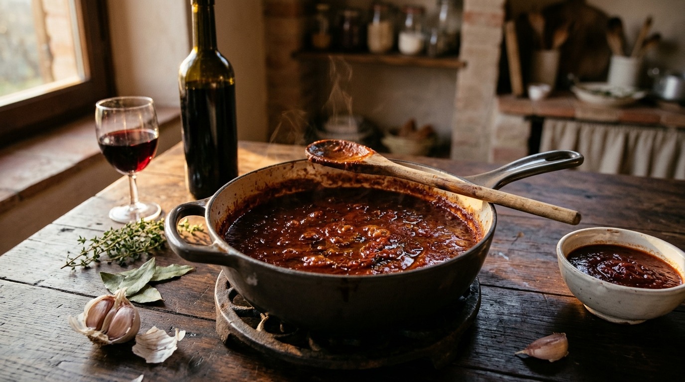 Pot of red wine tomato sauce next to a glass of wine