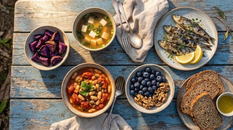 Table of longevity foods with beans, sardines, miso soup, sweet potatoes and rye bread