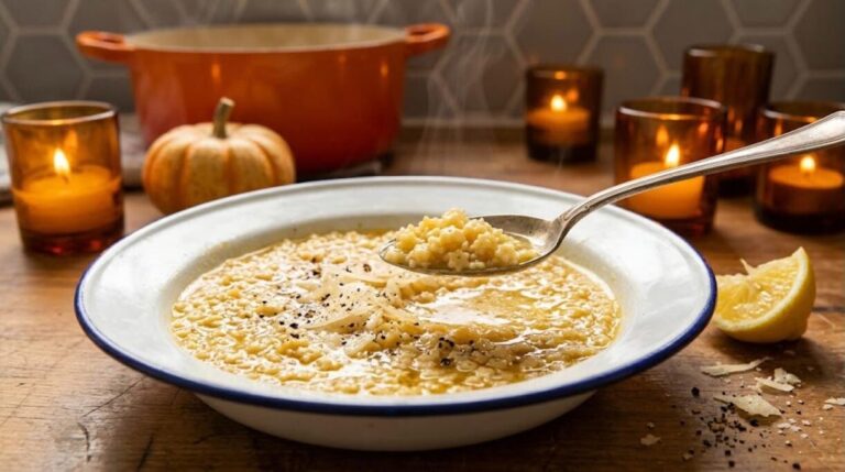 Bowl of golden pastina in broth with Parmesan and lemon