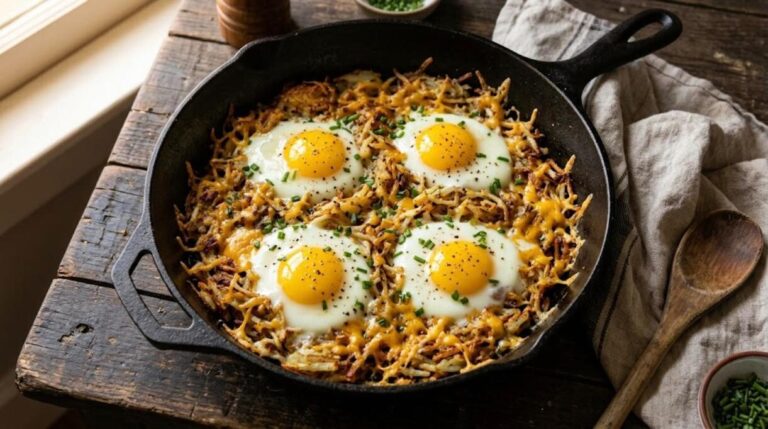 Potato and egg dinner in a cast iron skillet with crispy cheesy potatoes and four fried eggs