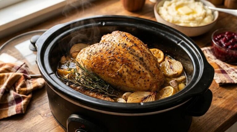 Slow cooker Thanksgiving turkey breast with herbs, onions and lemon