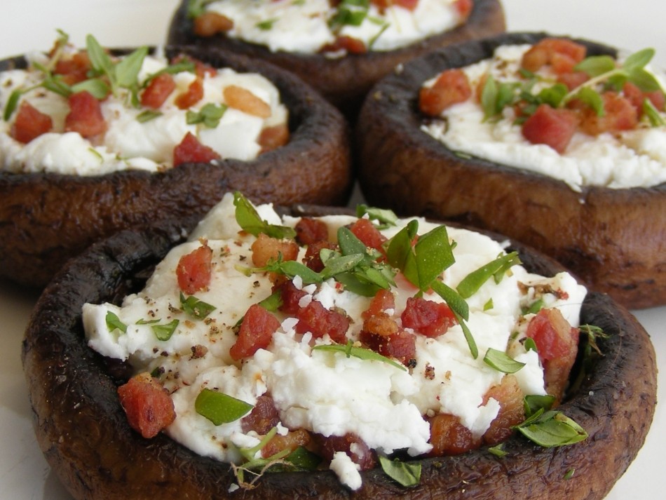 Portobello caps filled with goat cheese, bacon and fresh herbs