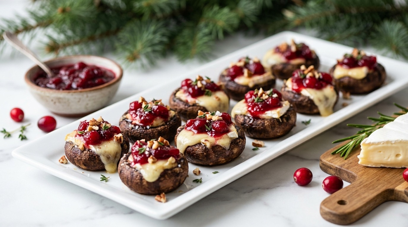 Brie and cranberry caps on a long white serving tray