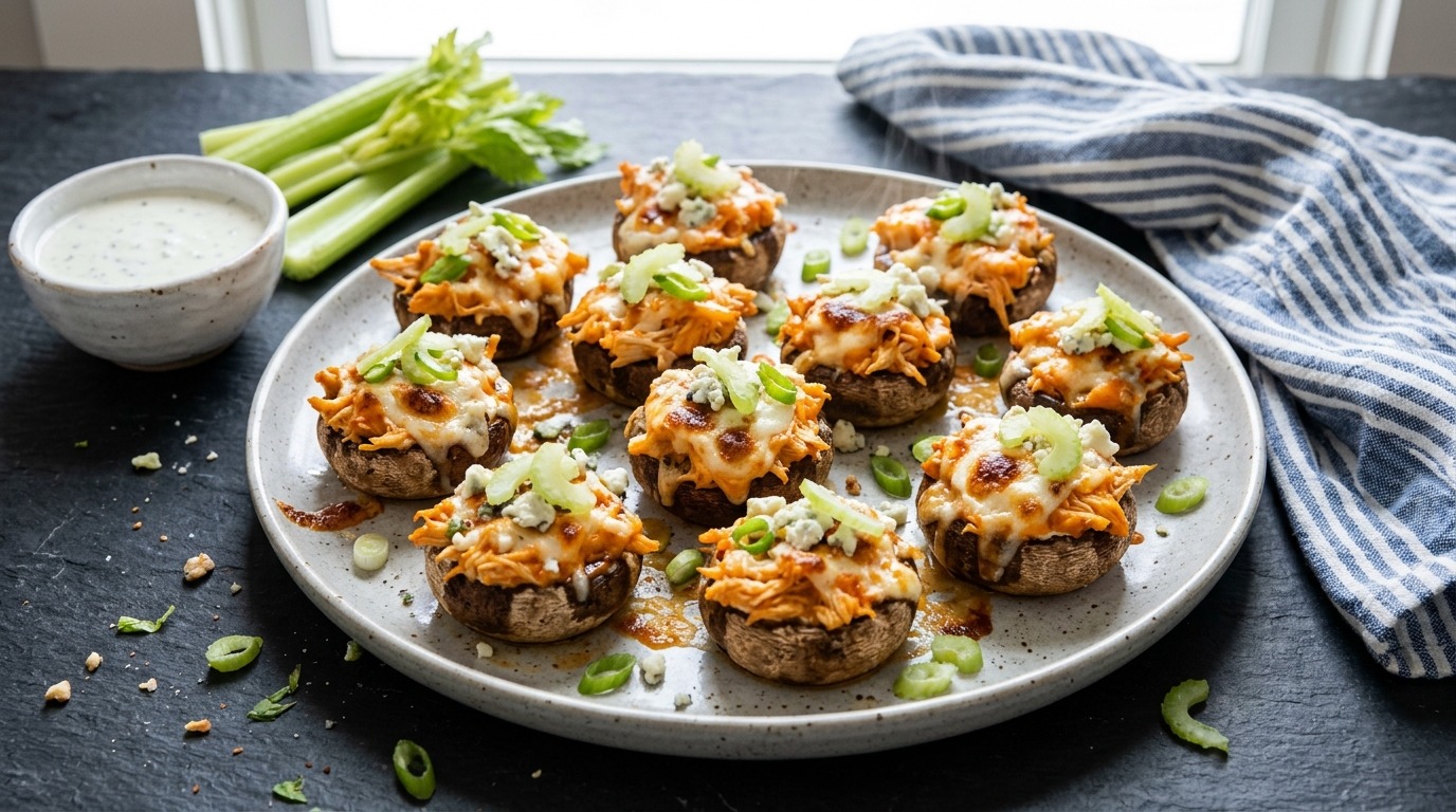 Buffalo chicken caps with sliced celery on a gray plate