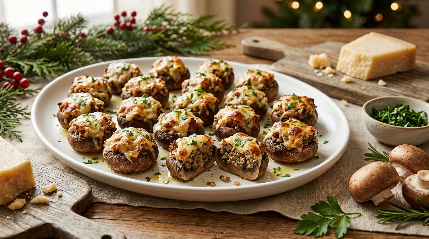 Stuffed mushrooms with sausage and golden parmesan on a white holiday platter