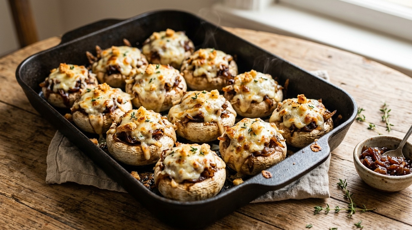 French onion stuffed mushrooms with browned Gruyere in a dark pan