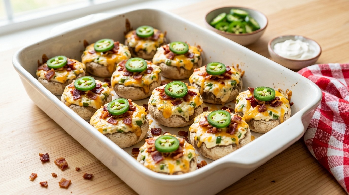Jalapeno popper stuffed mushrooms in a white baking dish