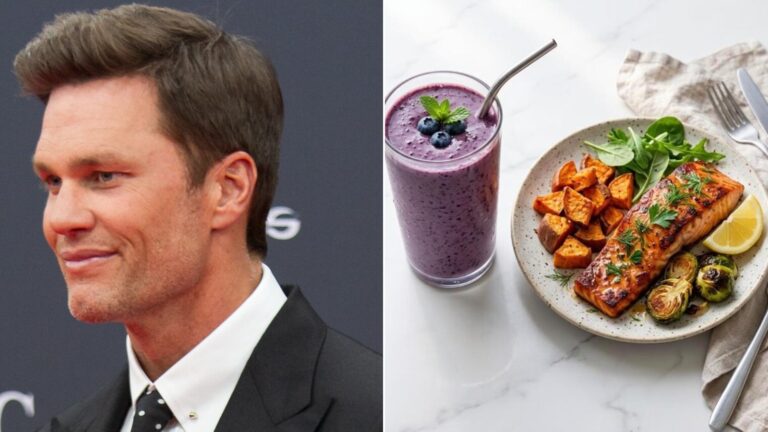 Tom Brady and a blueberry banana smoothie with salmon and vegetables