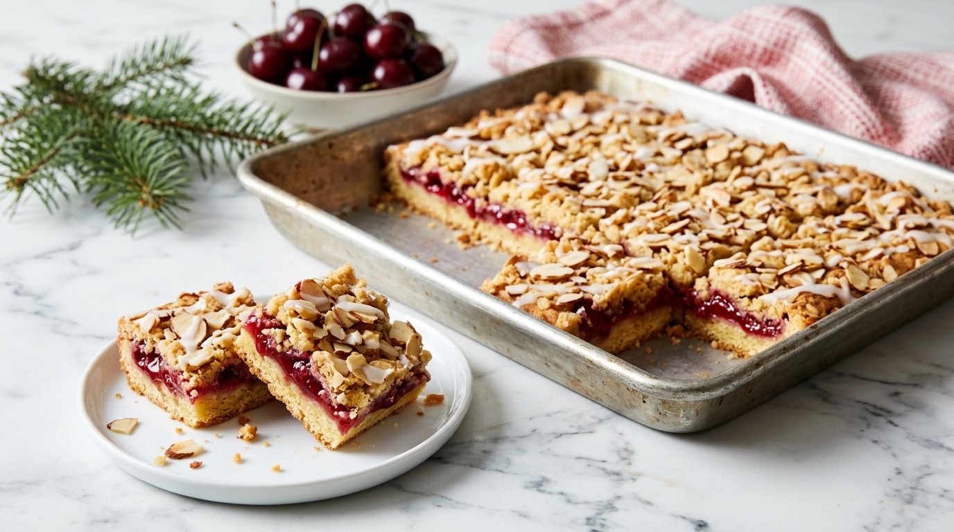 Cherry almond bars with a crumbly almond topping and red cherry filling in a pan