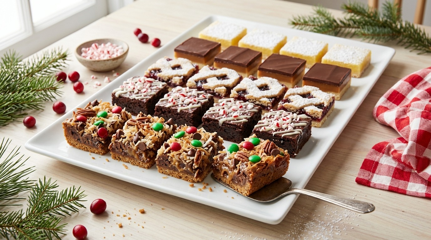 Platter of Christmas bar cookies with seven layer magic bars, peppermint brownies and linzer squares