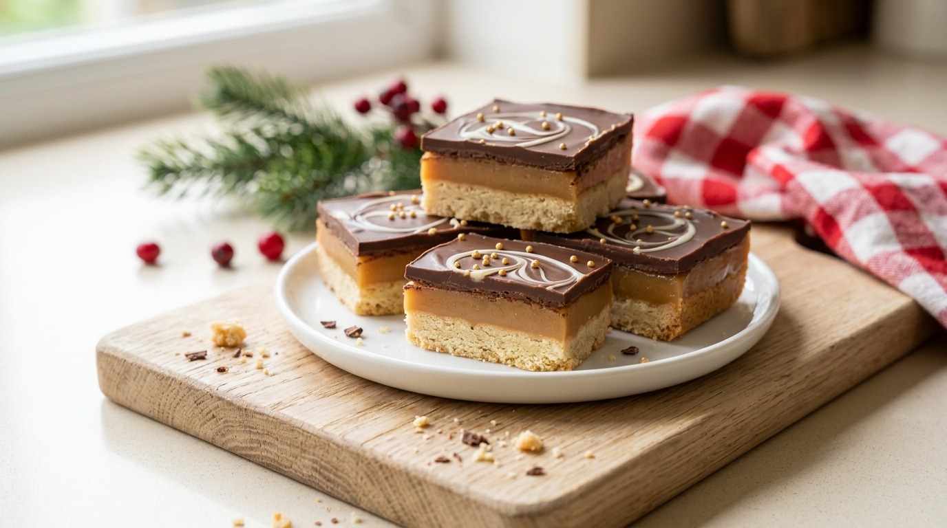 Millionaire's shortbread squares with layers of shortbread, caramel and chocolate
