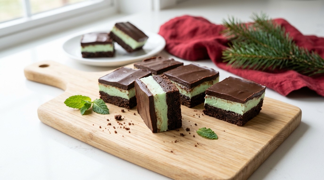 Layered bars with a chocolate base, green mint filling and a smooth chocolate top