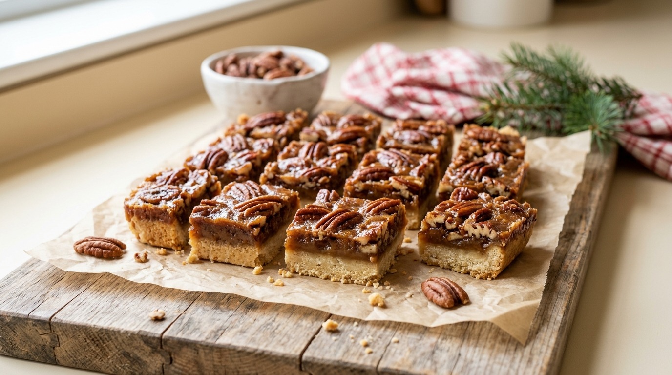 Pecan pie bars with a shortbread crust and glossy pecan topping on parchment