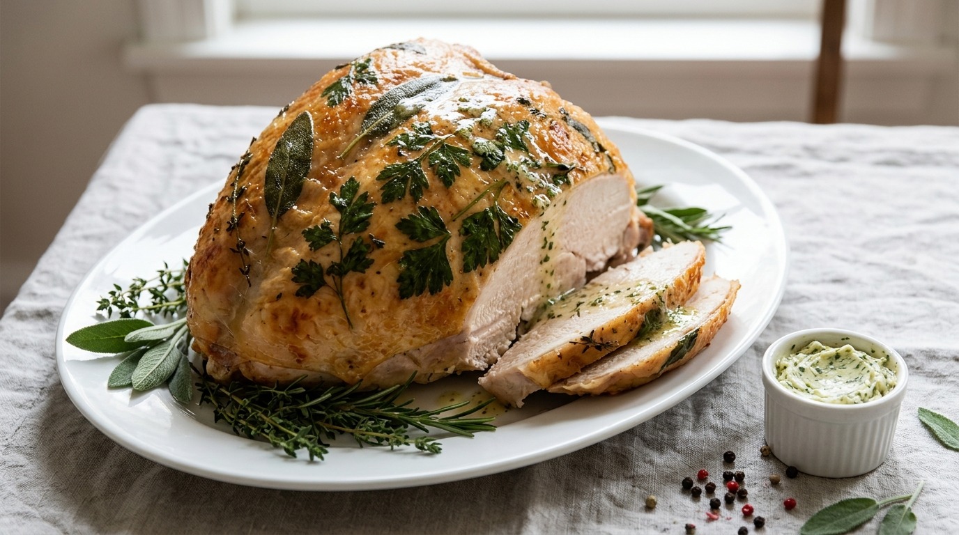 Roast turkey breast with sage and parsley leaves under the skin