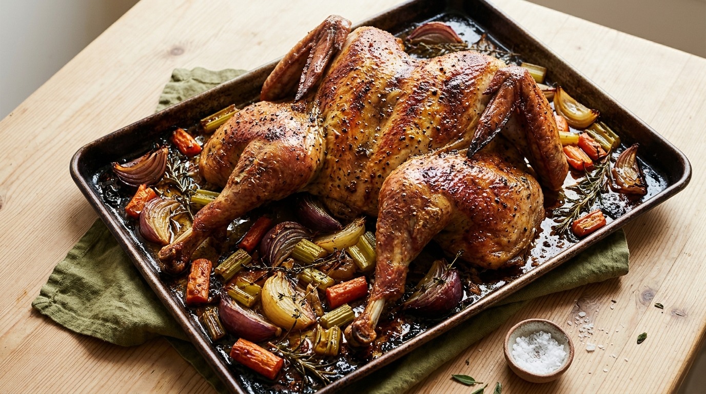 Spatchcocked Thanksgiving turkey roasted flat on a sheet pan