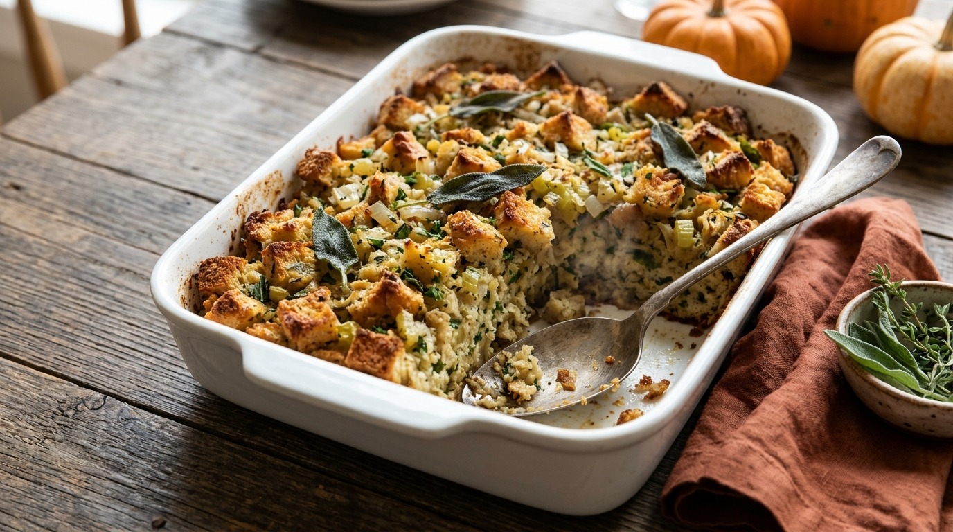 Thanksgiving sage bread stuffing baked golden in a white dish