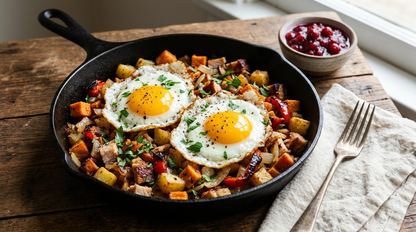 Leftover turkey hash in a cast iron skillet topped with fried eggs