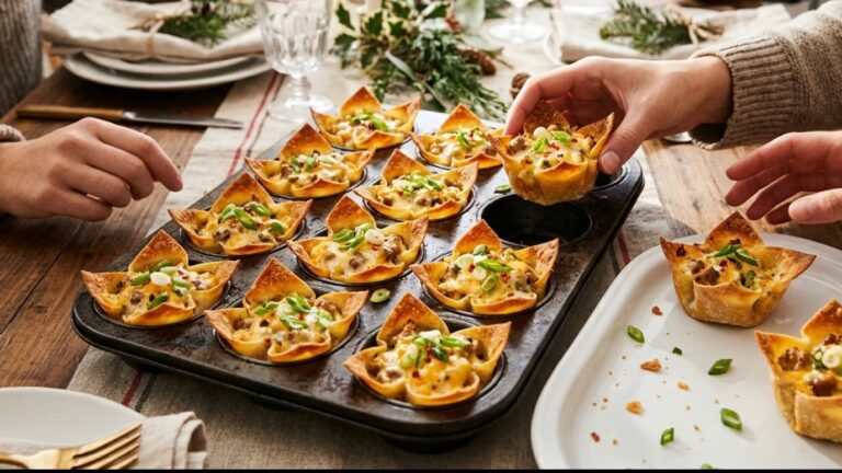 Muffin tin of golden baked wonton star cups filled with creamy sausage, cheddar and green onion