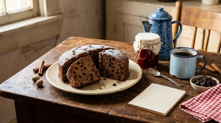 Wartime ration recipes war cake sliced on a cream plate beside strawberry preserves on a farmhouse table