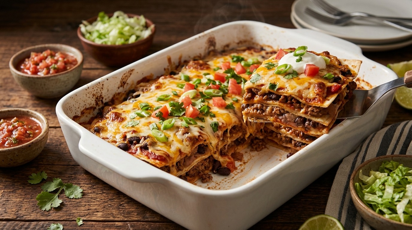 Layered burrito bake casserole with a cheesy slice lifted out