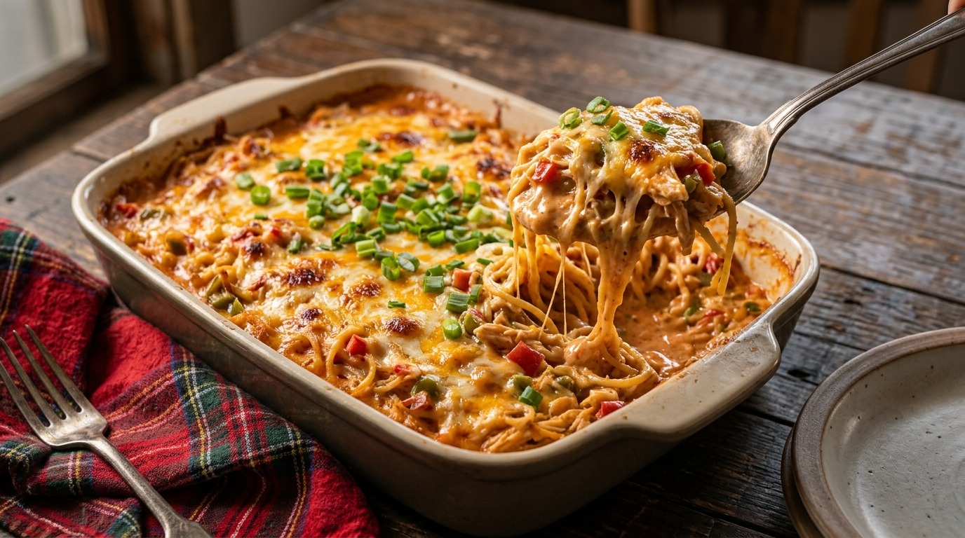 Creamy cheesy chicken spaghetti casserole, a holiday freezer meal grandma made