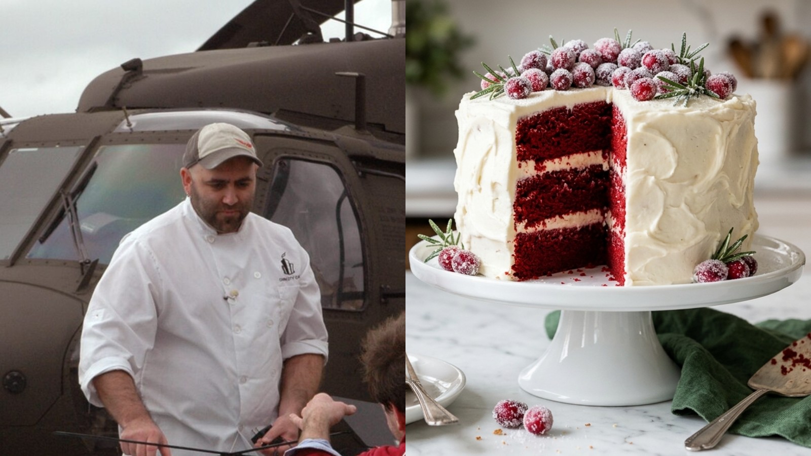Duff Goldman next to a red velvet Christmas layer cake with sugared cranberries