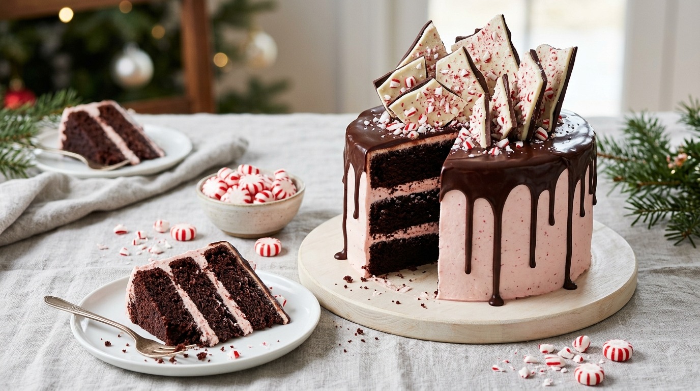 Chocolate peppermint bark layer cake for Duff Goldman holiday baking fans
