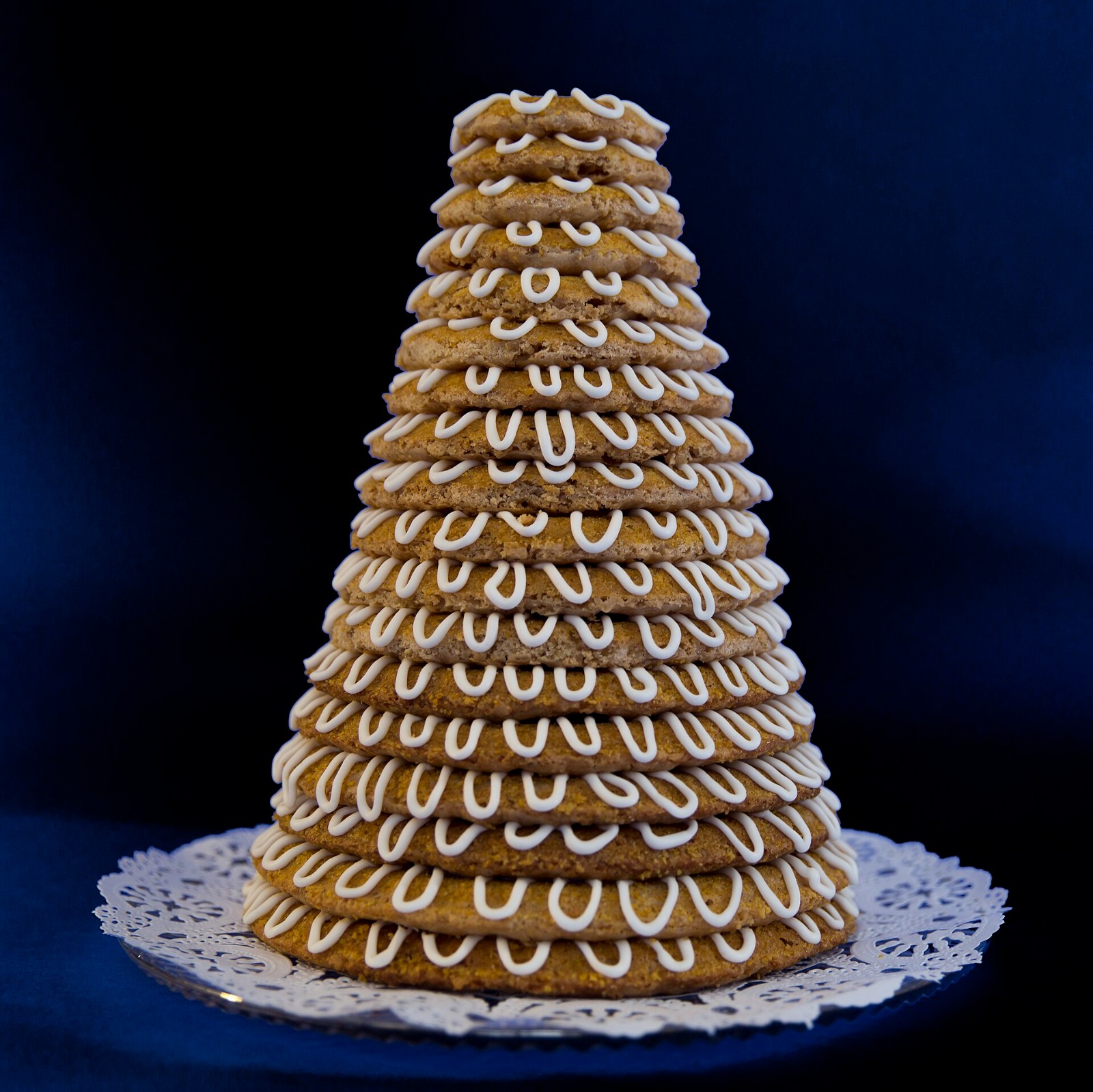 Norwegian kransekake ring cake tower with white icing