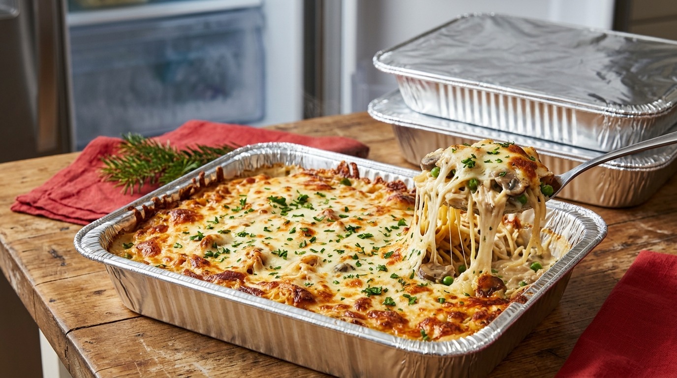 Golden chicken tetrazzini, one of the best holiday freezer meals, in a foil pan with a cheesy spoonful lifted out