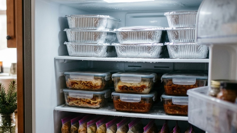 Freezer stocked with foil pans and containers of holiday freezer meals