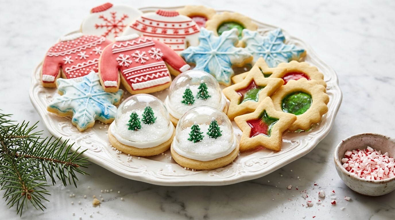 Showstopper Christmas cookies including snow globe cookies with clear sugar domes and stained glass stars